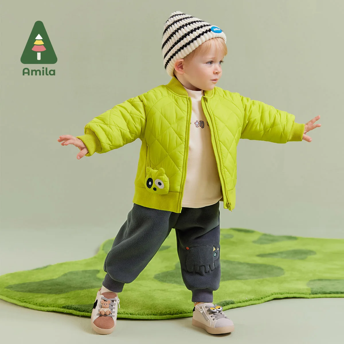 Amila Baby Boy Coat 2024 Winter New Multicolour Detachable Bear Doll Cotton Coat Cartoon Pattern Parsnip   Baby Clothing