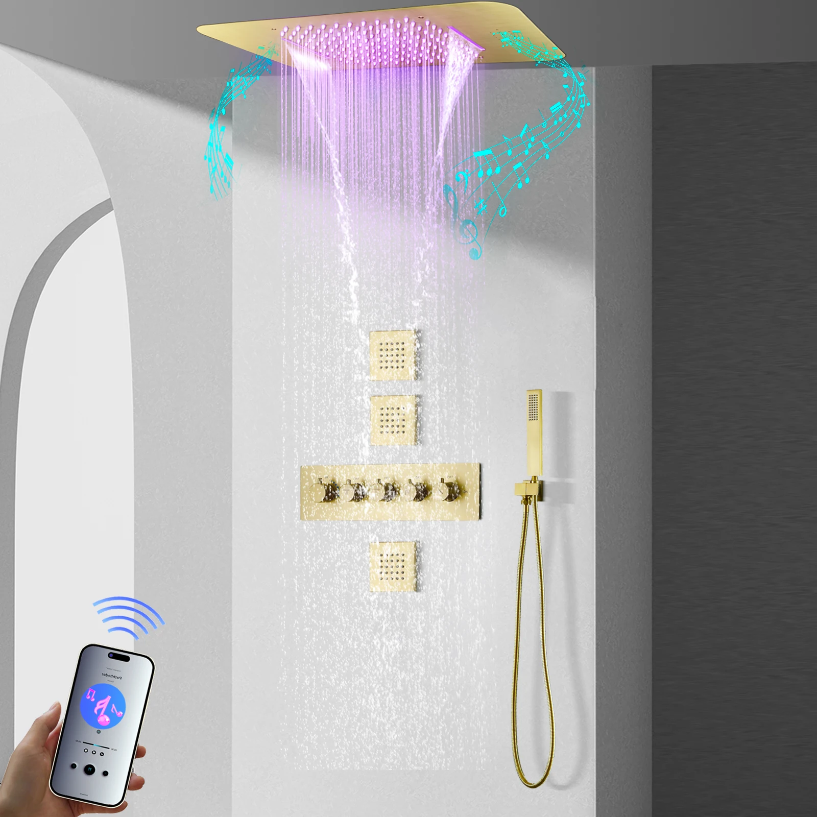 

Ceiling Embedded LED Music Shower Head 580*380mm Rain and Waterfall Thermostatic Main Body Brushed Gold Shower Faucet Set