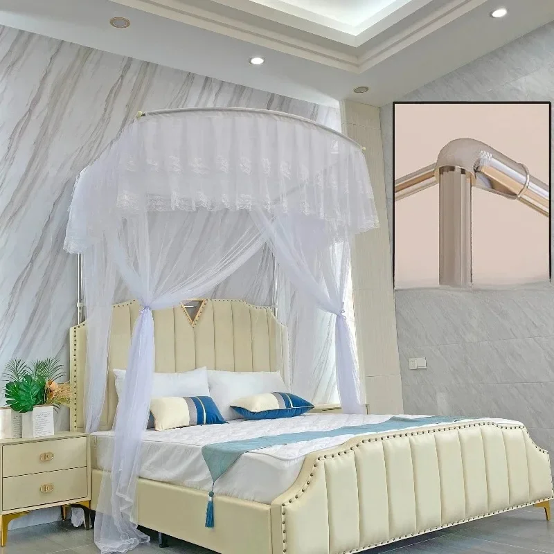 Durable retractable bed curtain, household high three-door mosquito net, floor-to-ceiling stainless steel frame
