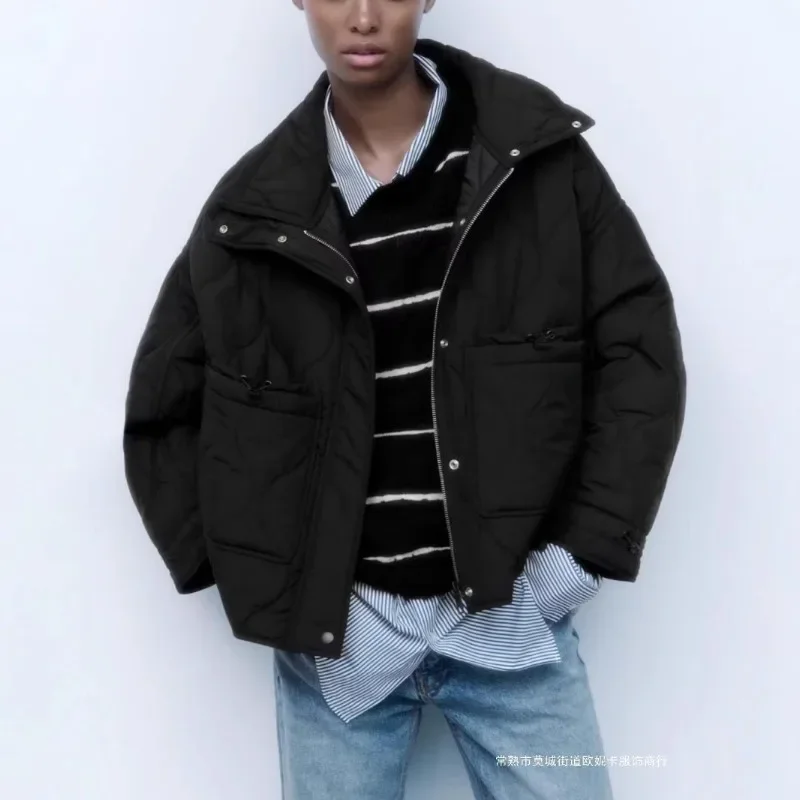 通勤レトロ婦人服ルーズ長袖レースアップショートジャケットグリーン巾着スタンドカラーポケット飾り女性コート