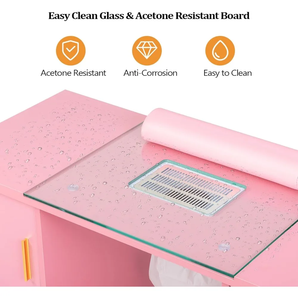 Mesa de manicura Escritorio para uñas para tecnología de uñas con tapa de cristal y reposamuñecas, suministros para uñas de salón de belleza, estación de trabajo decorativa de acetona R