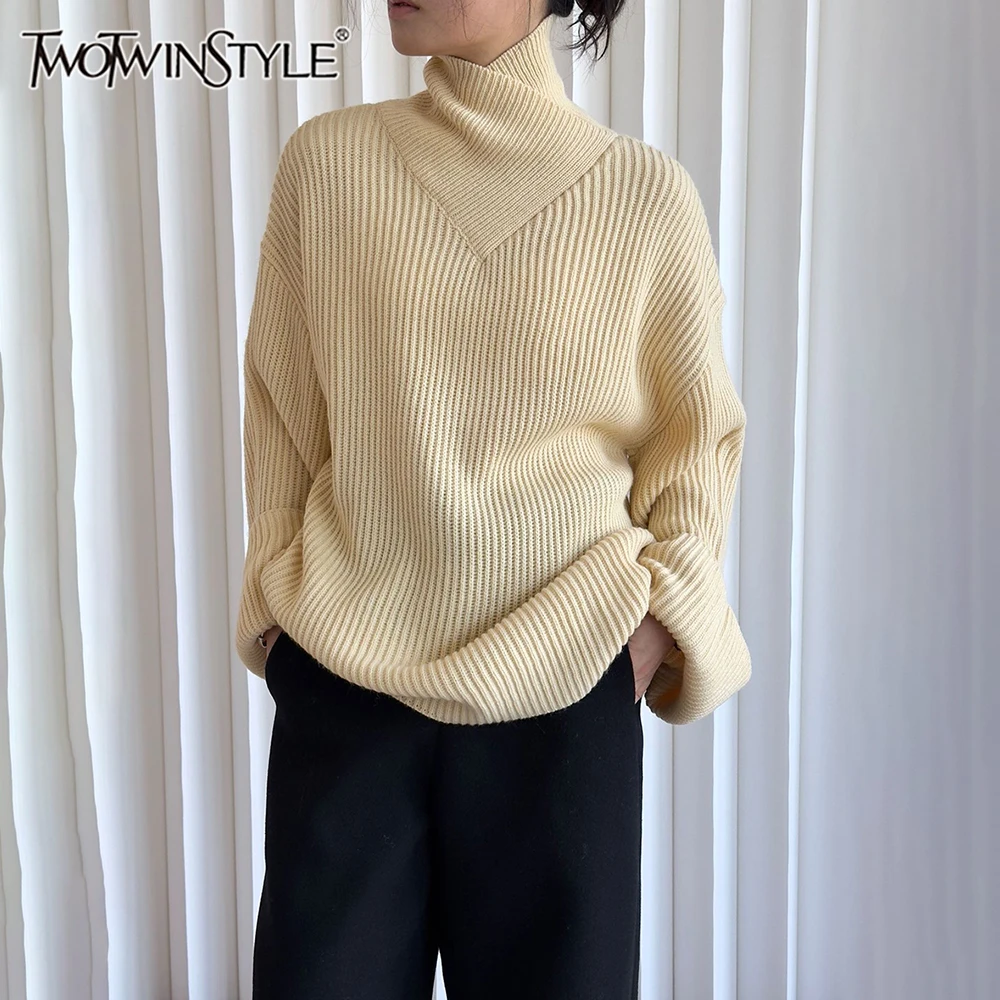 TWOTWINSTYLE Solid Loose Knitting Sweater For Women Turtleneck Long Sleeve Casual Pullover Sweaters Female Fashion Clothes New