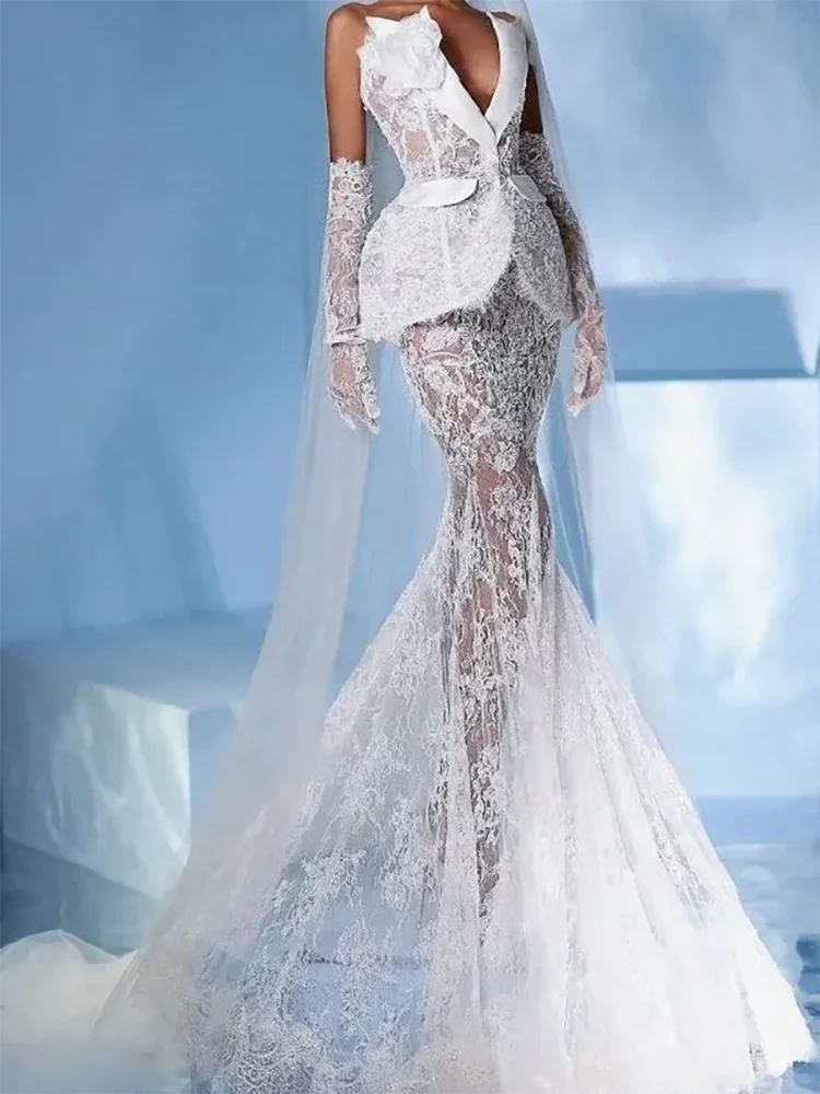 رائعة الخامس الرقبة يزين أكمام الديكور حورية البحر فساتين زفاف العروس أثواب الزفاف حسب الطلب