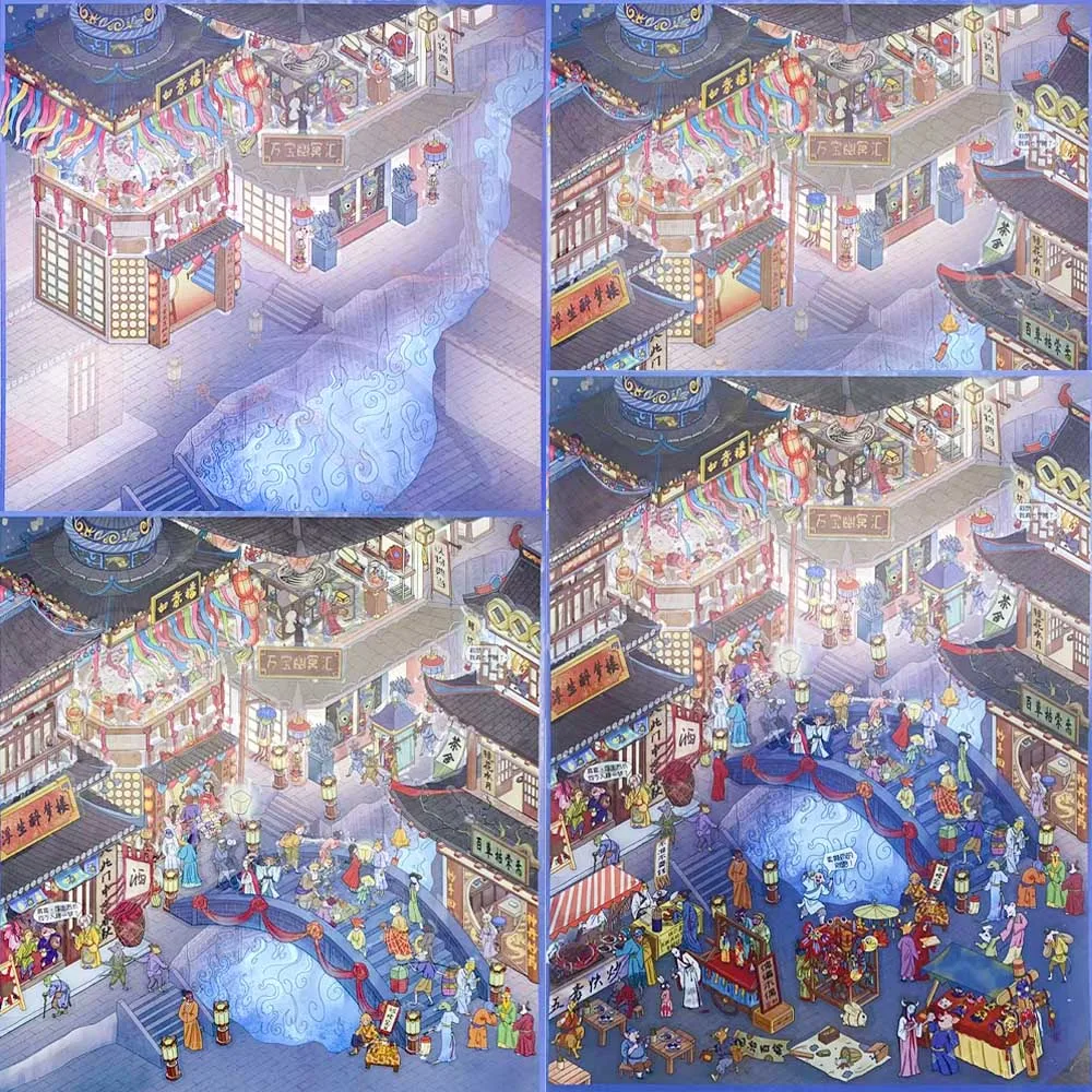 4pcs Big Size Chinese Horror Miniature Scene 3D Landscaping Stickers DIY Scene Stacking and Pasting Hand Account PET Stickers