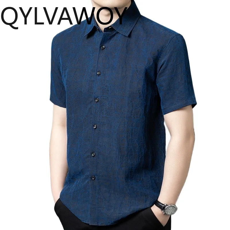 

QYLVAWOY 100% Mulberry Silk Men's Shirts Short Sleeve Shirts for Man Premium Summer Tops Xiangyunsha Shirt Man Clothing Retro