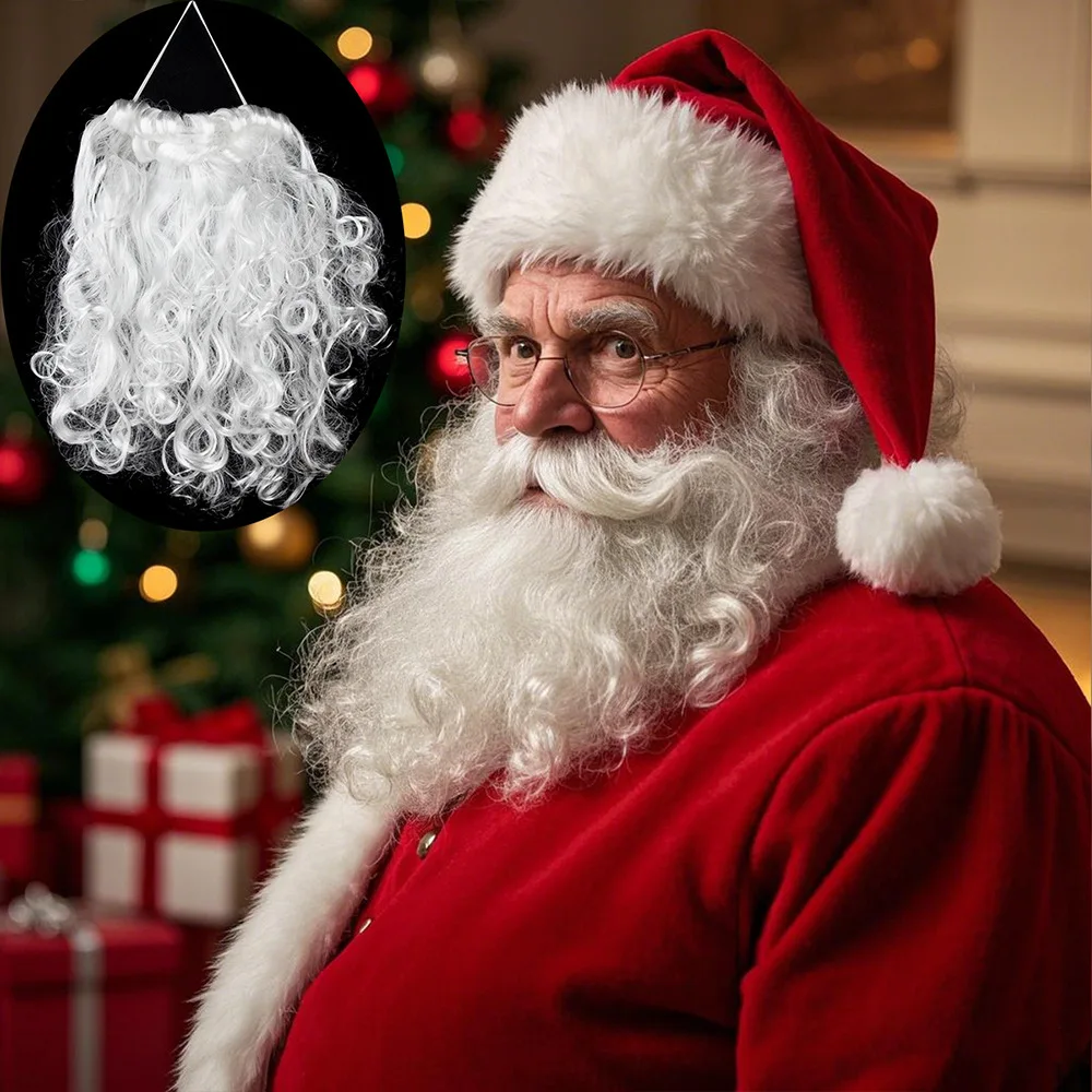 Old Man Fake Beard Realistic Santa Costume Accessories Funny Christmas Party Props White Long Beard for Adults Christmas Decor