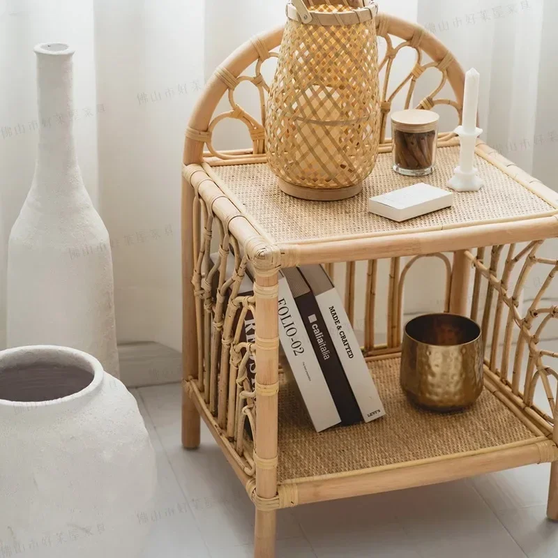 طاولة قهوة الروطان الإندونيسية الطبيعية الروطان السرير أريكة طاولة جانبية مكتب متنقل مرن للمنزل #4