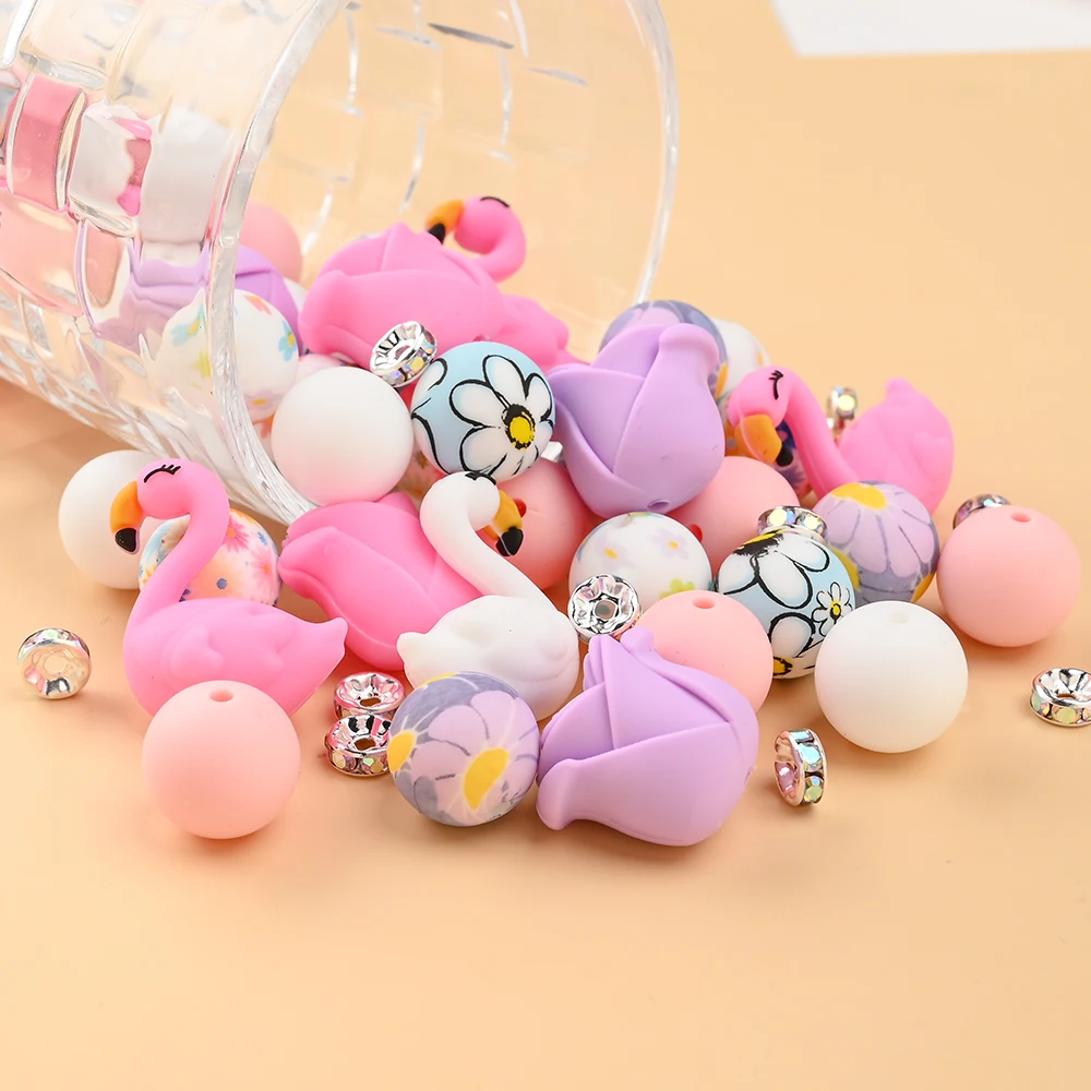 44Pcs Swan Silicone Beads Set Food Grade Silicone Focus Beads Material For Making Baby Pacifier Chains Bracelets And Necklaces