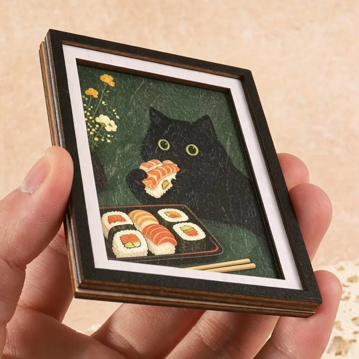 Vintage Wooden Frame Fridge Magnet,Cute Black Cat Eating Sushi Art Decor,Refrigerator Ornament for Kitchen Home & Cat Lover Gift