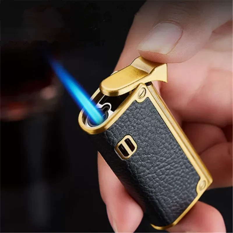 

Genuine Leather Cigar Punch Lighters Refillable Windproof Gentlemen Jet Flame Cigarette Torch Embossed Windproof Lighter
