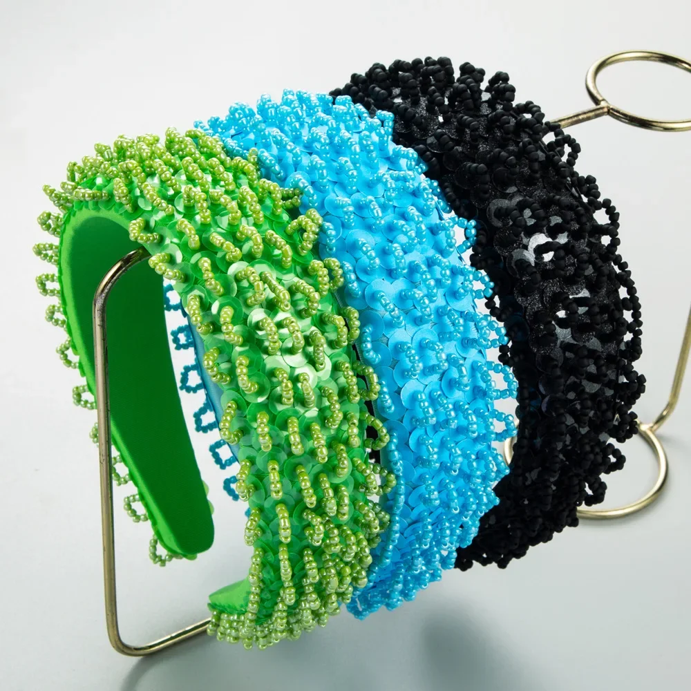 Handmade Full Seed Bead Sequin Headband Statement Cushioned Hairband Vibrant Neon Festival Party Oversized Hair Accessories