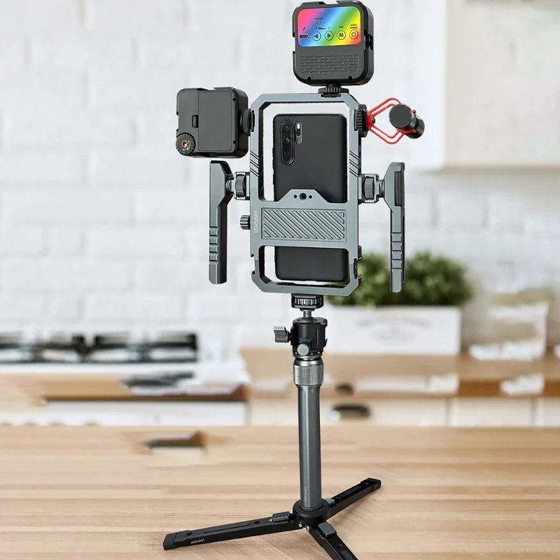 professional-video-rig-for-smartphones-adjustable-aluminum-frame-double-handle-operation-multiple-1-4-threaded-port-896c