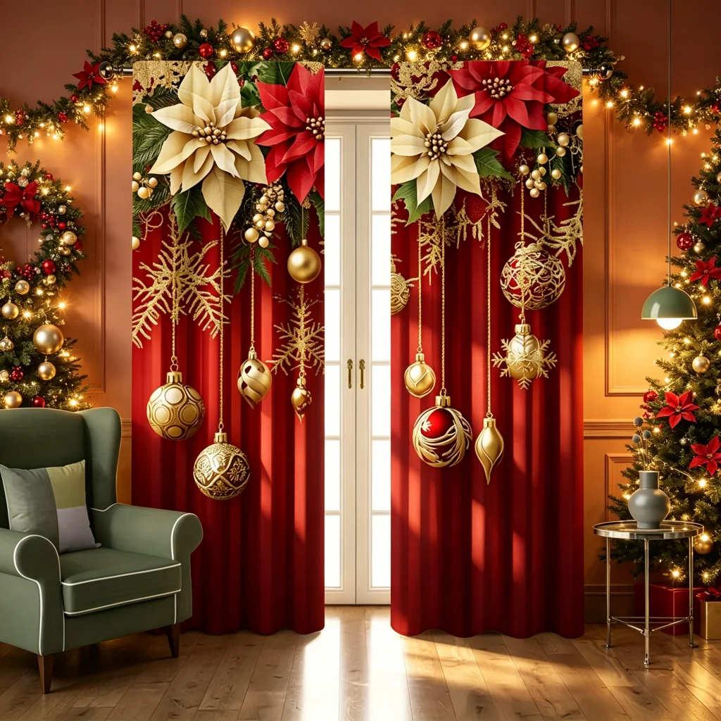 2PCS Christmas Red Gold Print Curtains, Rod Pocket, Polyester, Home Decor, Window Drapes, Bedroom Living Room, Kitchen