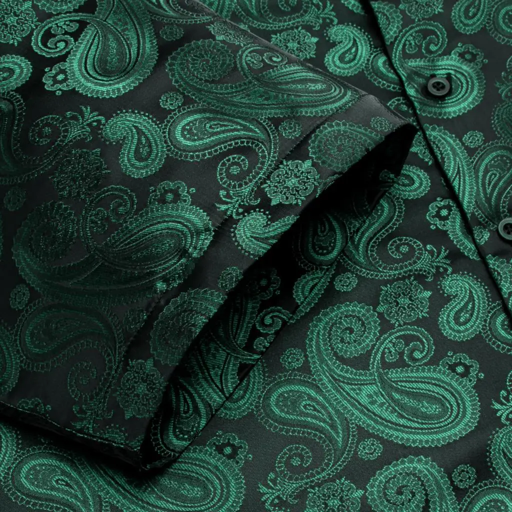 Hi-Tie Black Green Silk Short Sleeves Mens Shirts Spring Summer Hawaii Jacquard Paisley Shirt Blouse Male Wedding Office XXXL