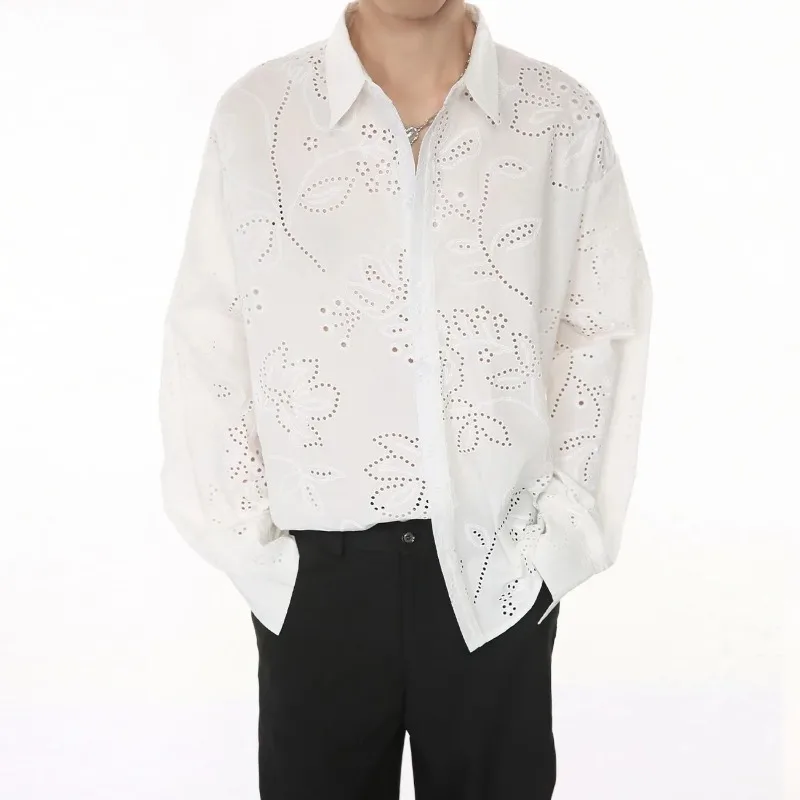 Niche Hollow Shirt Men's Long-sleeved Autumn New Design Jacquard Green Shirt