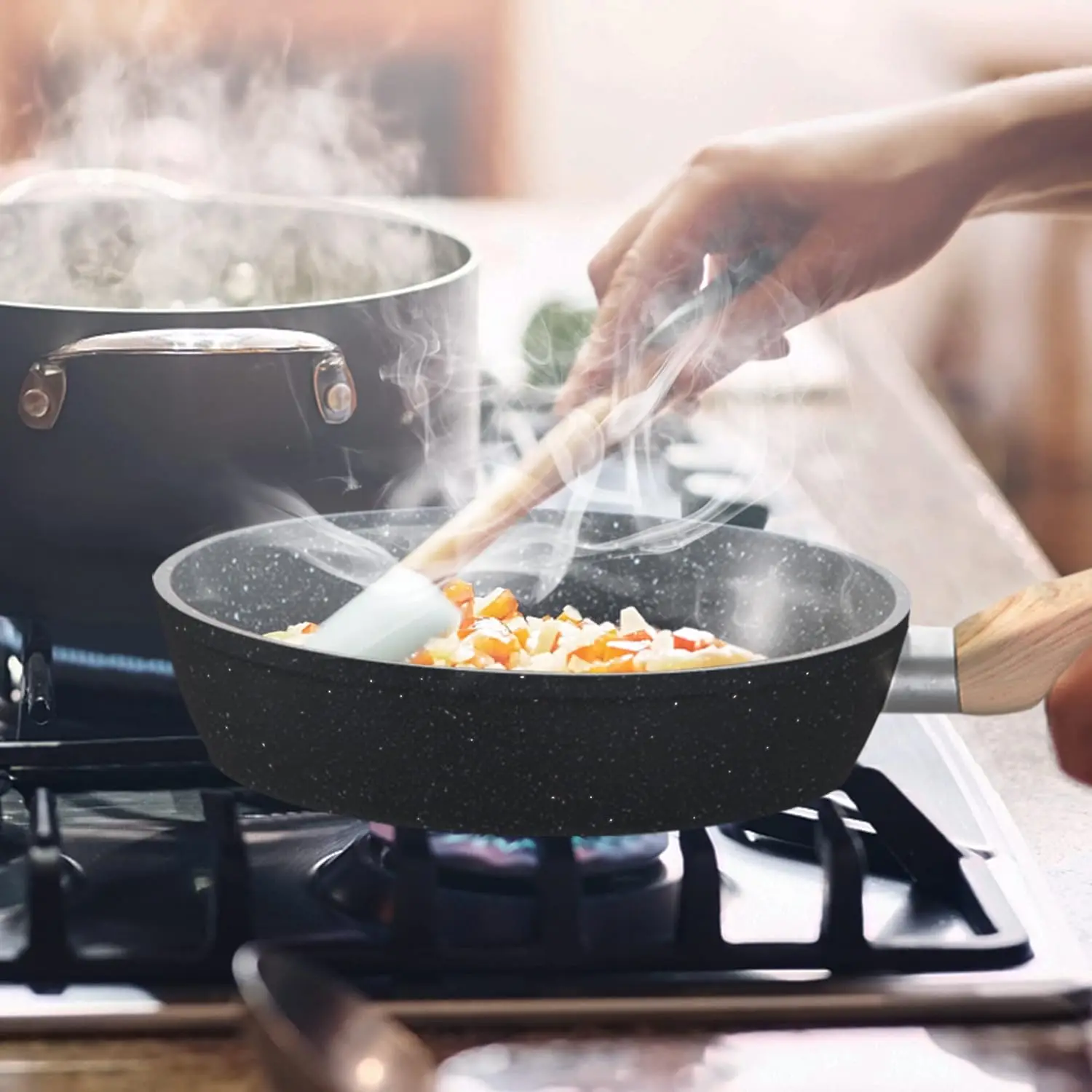 طقم أواني ومقالي مكون من 17 قطعة غير لاصقة، أطقم أواني طهي المطبخ مع طلاء حجر جرانيت غير لاصق، مناسبة لأسطح المطابخ التعريفي