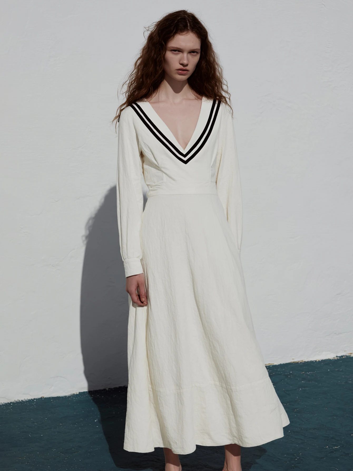 Women's Patchwork Long Sleeve Midi Dress K-Fashion Casual Plunge Neck Daily Dress for Summer Autumn