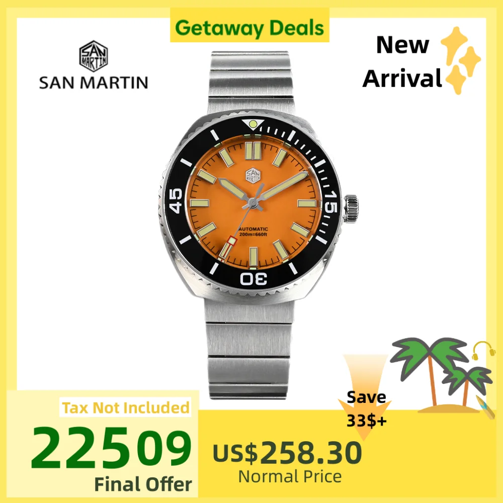

San Martin 40.5mm Enamel Orange Dial Men Diving Watch NH35 Automatic C3 Green Lume 20ATM Sapphire Glass SN0045-1
