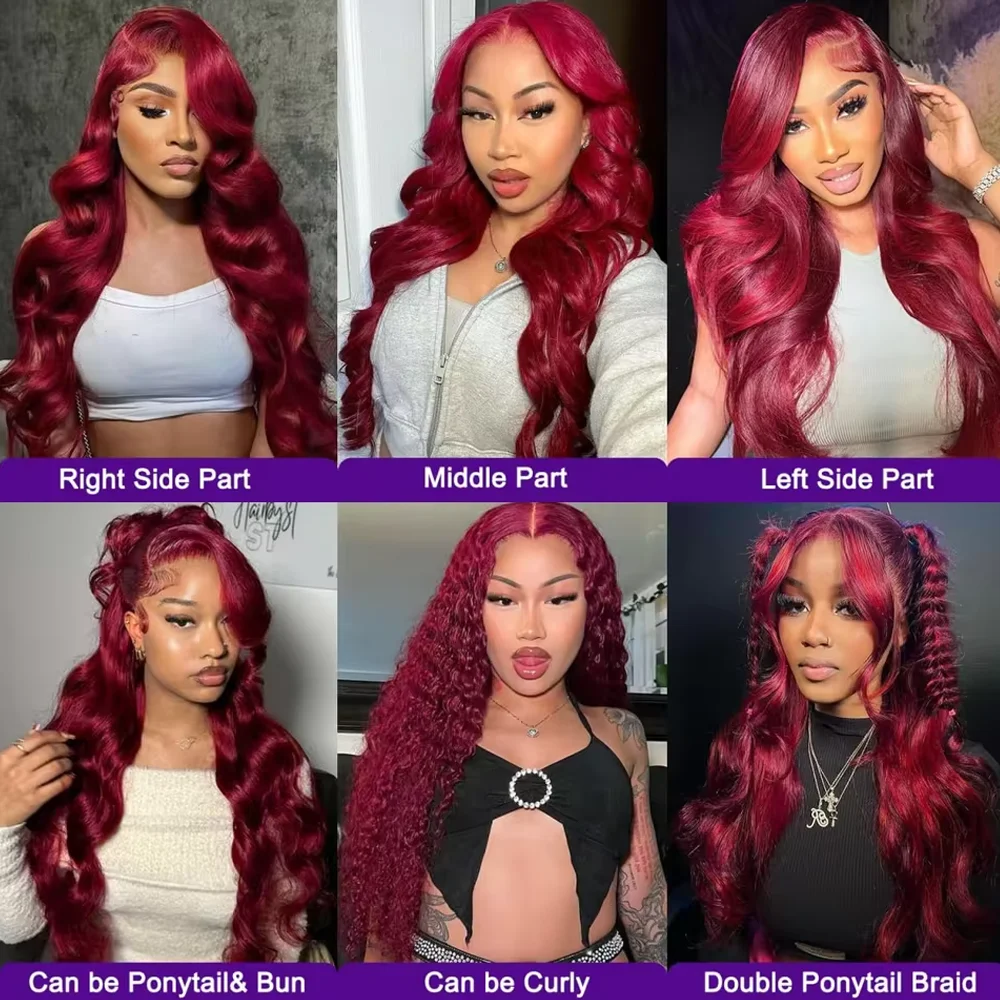 99J بورجوندي خصلات الشعر المستعار الإنسان الجسم موجة preplucked 13X4 Hd شفافة 13x4 الجسم موجة الشعر البشري الدانتيل الباروكات الأمامية للنساء