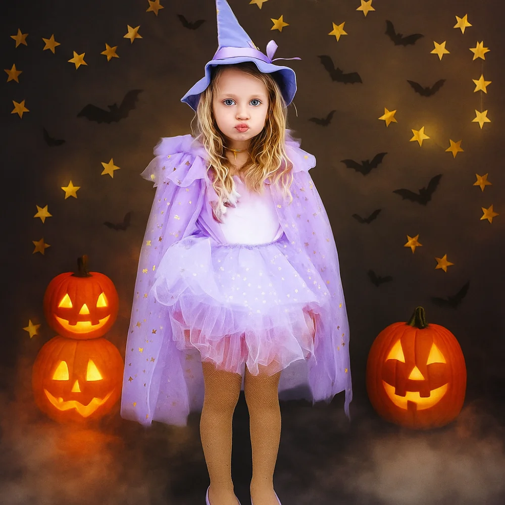 Kostiumy na Halloween dla dzieci, czarodzieje, księżniczki, jaskrawe kolory, suknie czarownic dla dziewczynek, peleryny z siateczki, peleryna do cosplay na Halloween, strój na imprezę.