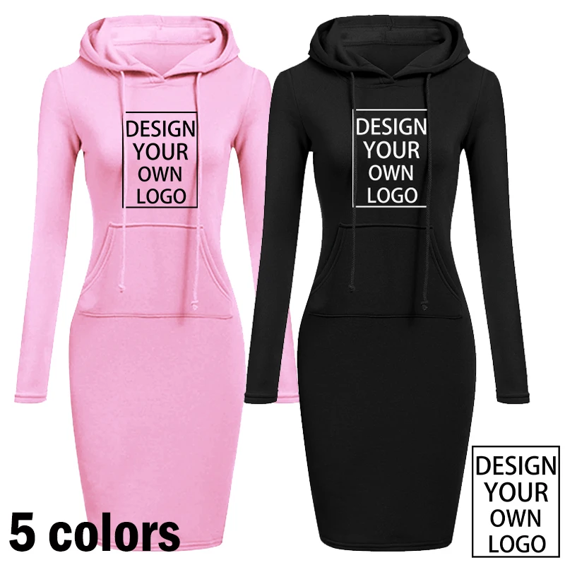 Customized Women Casual Long Hooded Pullovers Loose Fleece Long Dress S-4XL Slim Dress