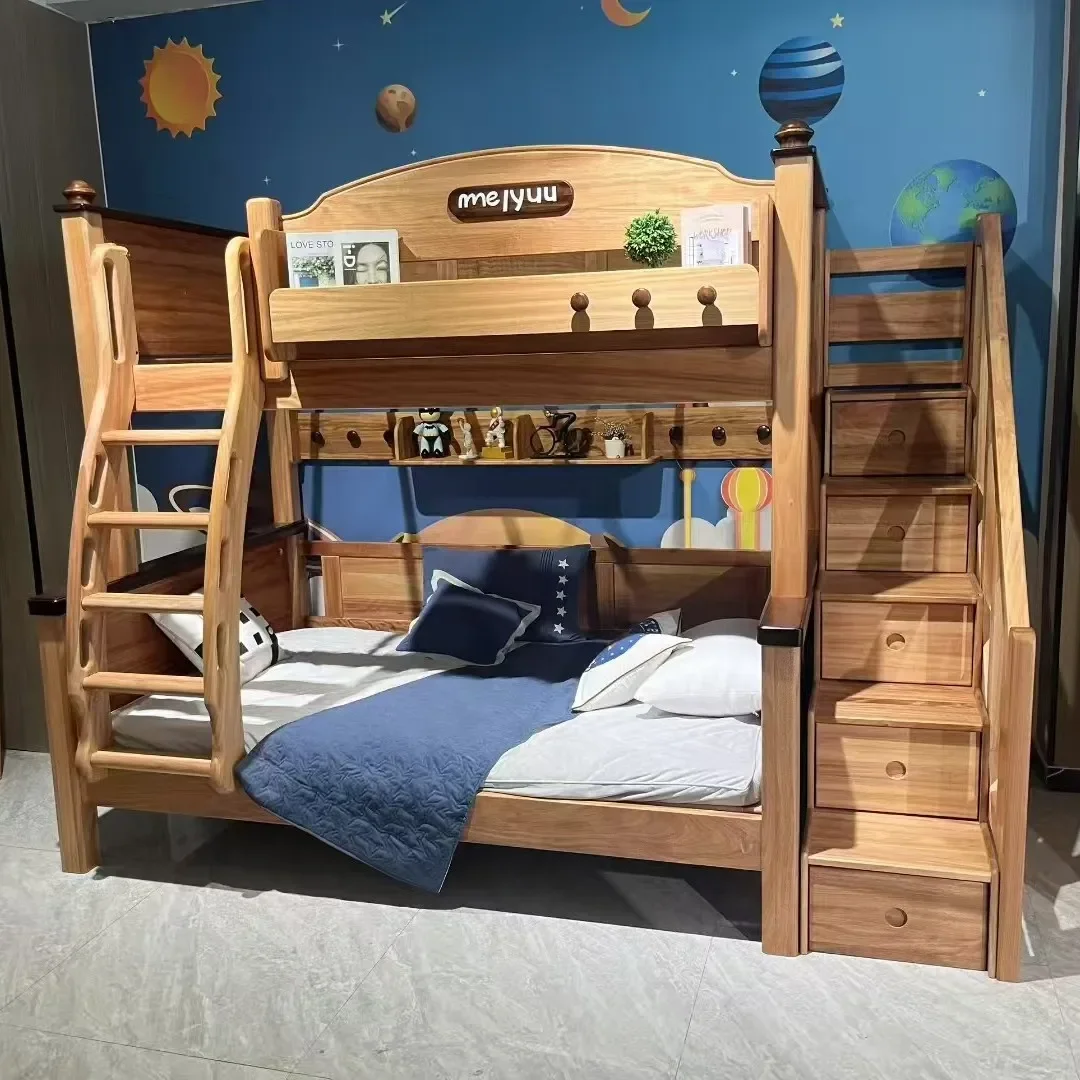 Red sandalwood all solid wood on and off bed high and low bed log color children's wood wax oil two double layers 3