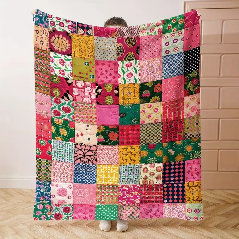 Vintage Purple Plaid Patchwork Blanket Soft Plush for All Seasons, with Pink and Lilac Hearts  for Camping & Gifts Sizes Availa