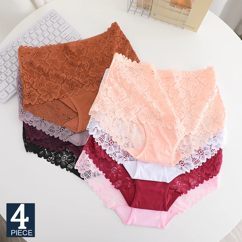 FINETOO 4er-Pack High-Waist-Höschen mit Spitzenbesatz für Damen, weicher Baumwollzwickel, sexy, reine Verführung, atmungsaktive Slips