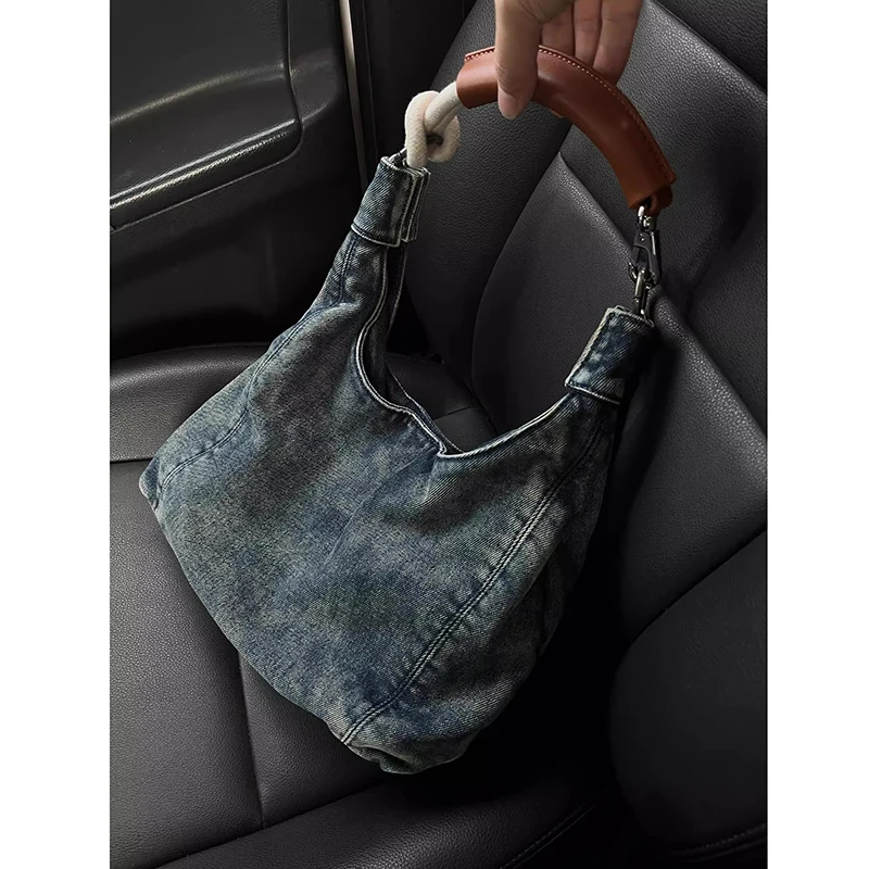 Denim Fabric Shoulder Bags For Women 2024 Luxury Designer Purses And Handbags Blue Underarm Hobos Casual Street Crossbody Totes