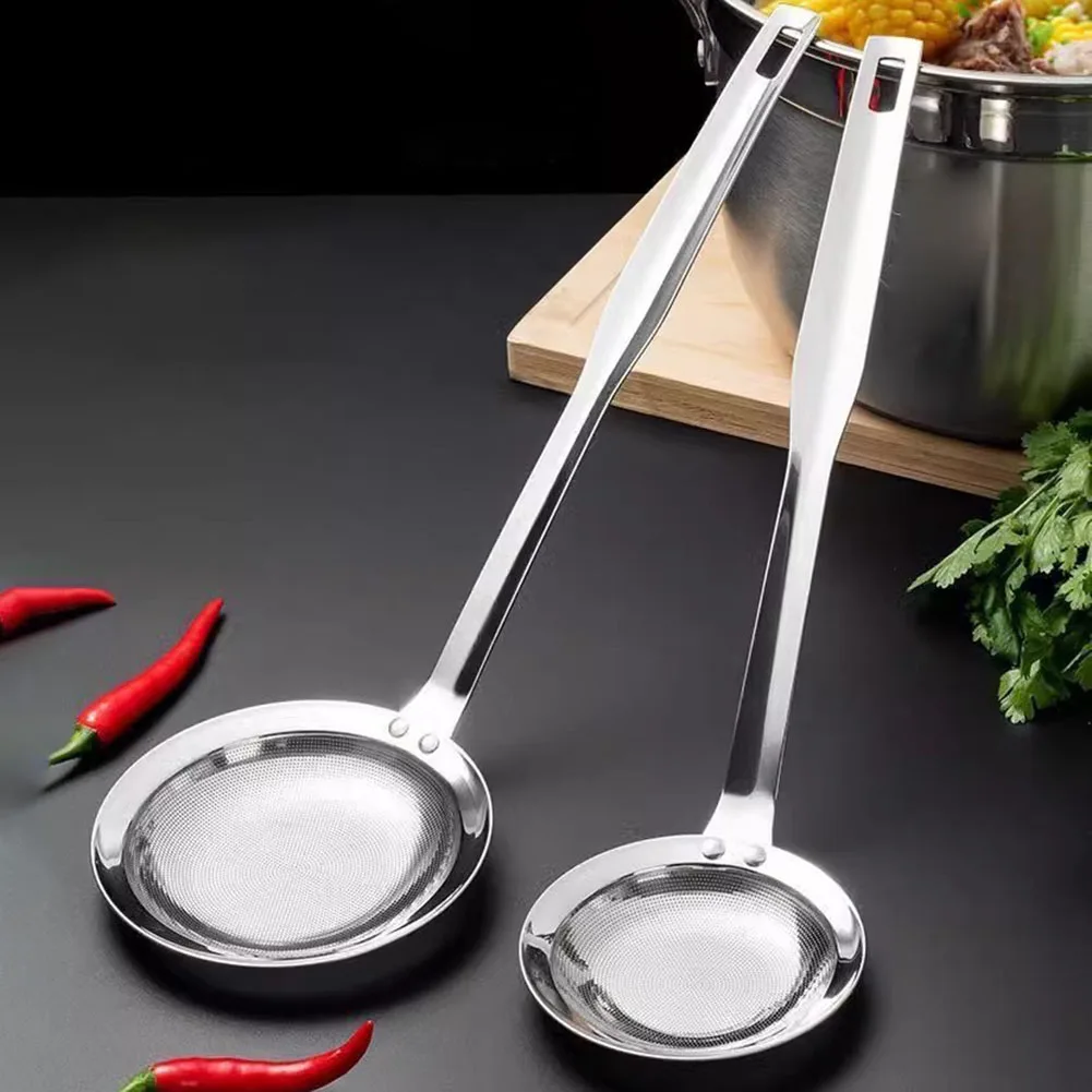 Two Size Stainless Steel Skimmer Spoon Set 304 Grade Mesh Strainer for Noodle Straining Meat Scooping and Hot Pot Serving Silver