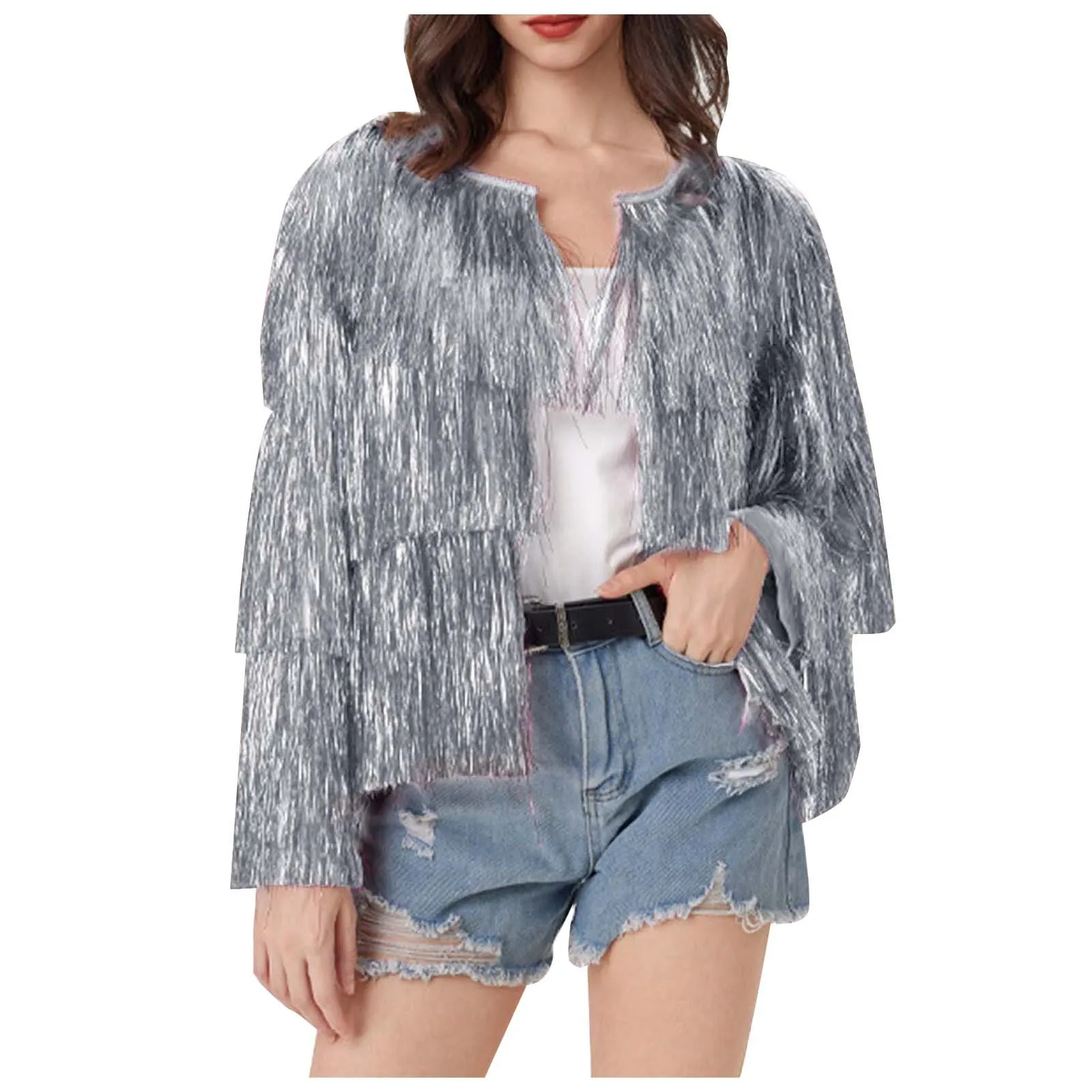 Chaqueta de oropel para mujer, abrigo holgado con flecos y lentejuelas, abrigo de carnaval para mujer, ropa de discoteca con frente abierto de Hip Hop, abrigo de fiesta para mujer