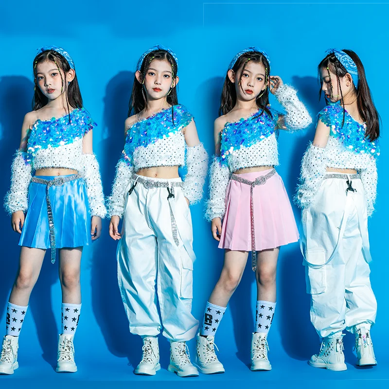 Blinkende Pailletten Top hohle Hose für Mädchen Jazz Tanz Kostüm Kinder Hip Hop Kleidung Kinder Kpop Outfit Street Wear xs3097
