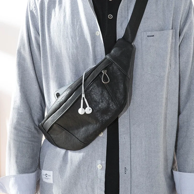 Petit sac de poitrine noir en cuir véritable pour hommes, sac à bandoulière décontracté, cuir de cercle naturel, petit sac de sport en plein air, mode quotidienne, luxe