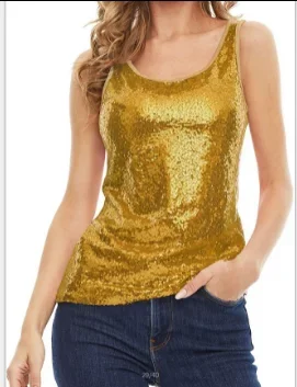 New Fashion Sexy Metal Womens Sequins Glitter Shinny Camis Sleeveless T-Shirt Summer Sparkle Shimmer Vest Crop Tee