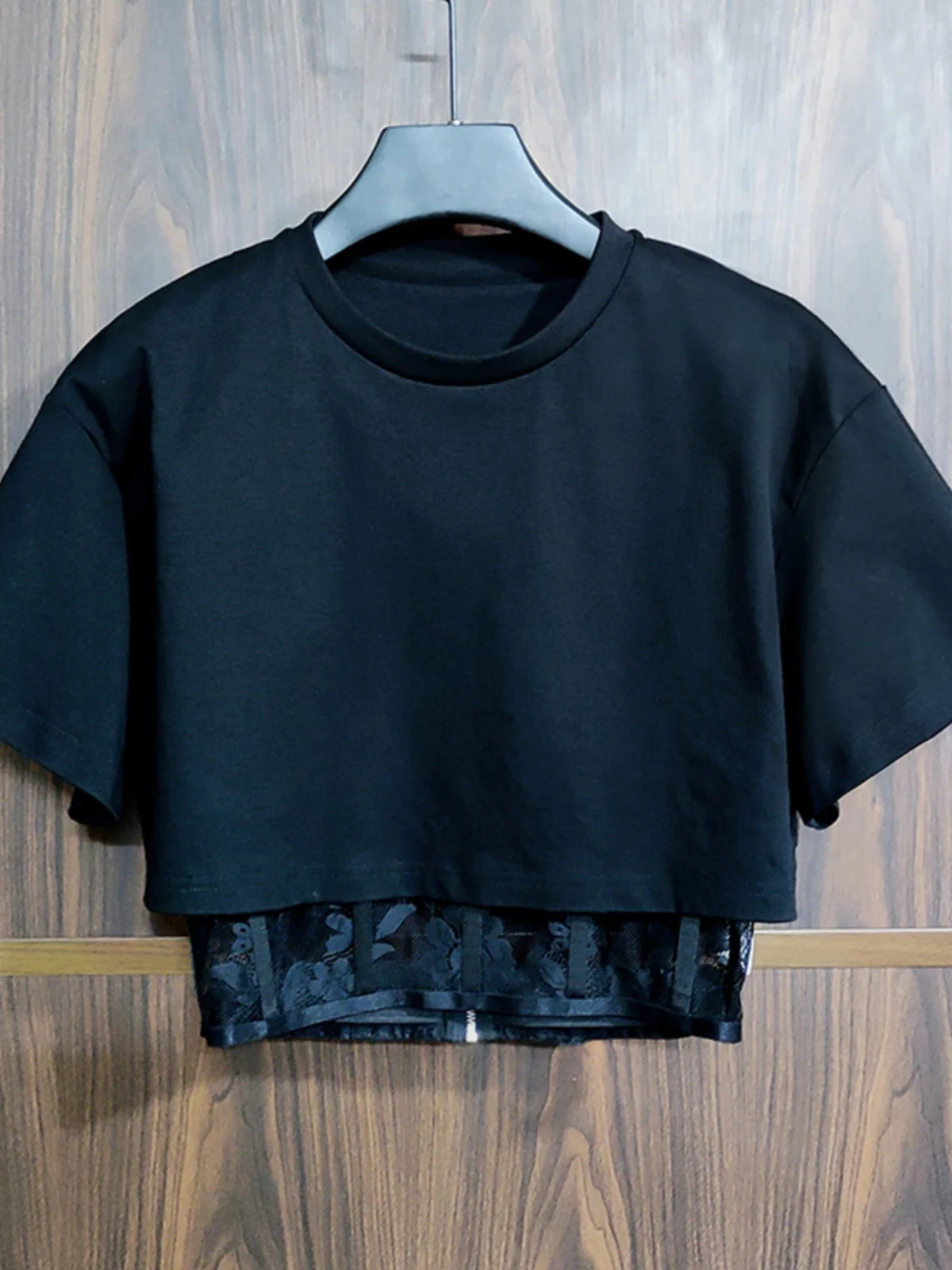 

Slimming Lace Splice ort round Ne T-irt Women's Top Fake Two-Piece Sle Summer Casual Batwing Sve Bat Bone Pattern