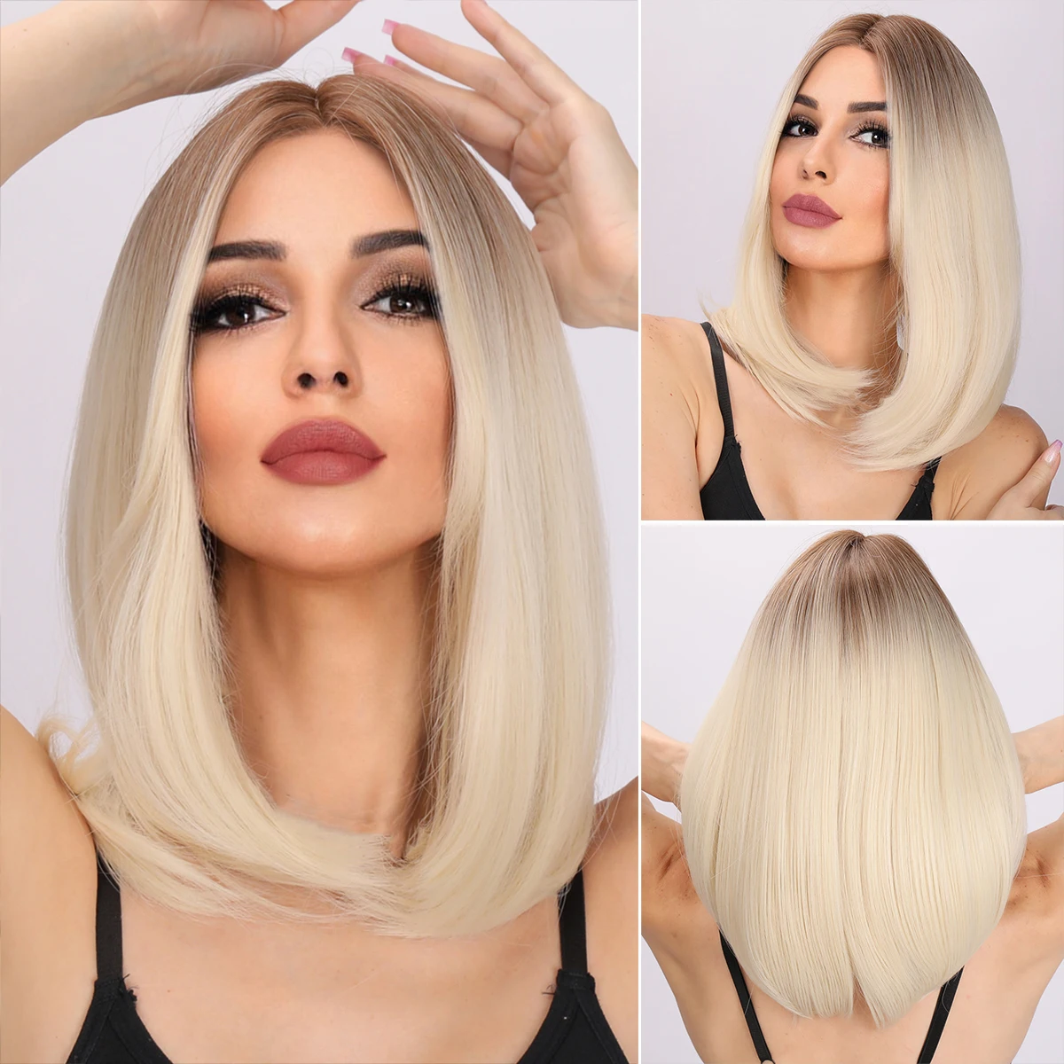 Smilco 18 Inch Short Synthetic Blonde Gradient Straight Wig For Women Daily Cosplay Bob Wigs Party Heat Resistant Fake Hair