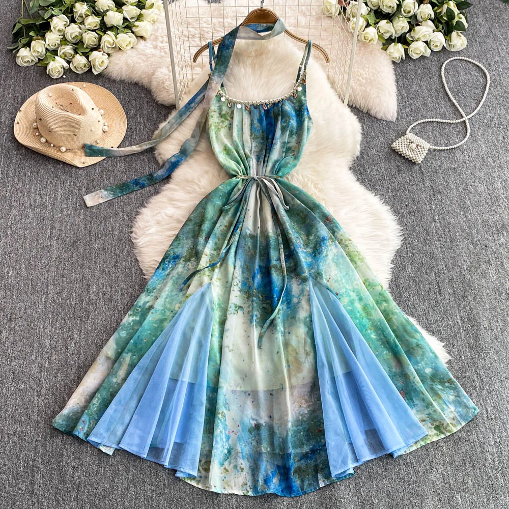 Verão elegante tie dye midi vestido para mulheres fita tule costura em camadas queimado feminino vestidos de baile novo em 2025 rendas até chique