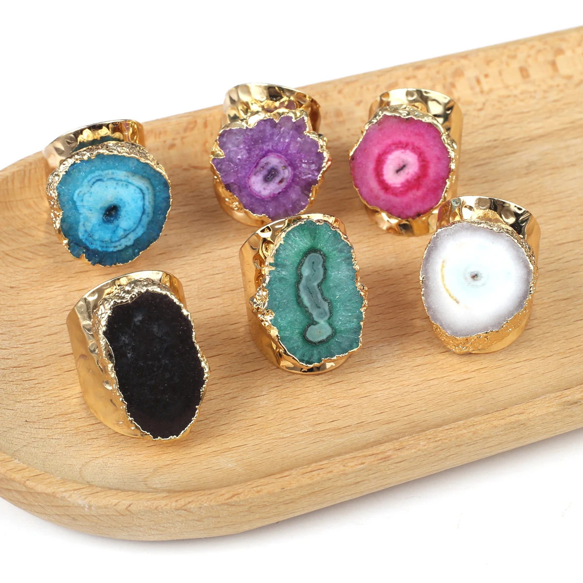Boho Irregular Natural Stone Agate Slices Sunflower Wide Open Ring for Women Men Gold Plated Resizable Finger Rings Jewelry