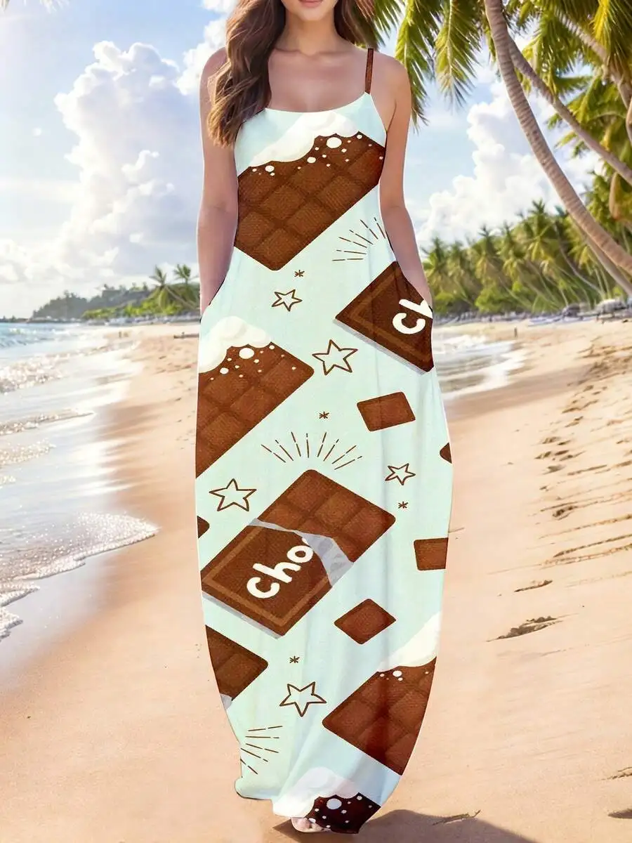 

Women Spaghetti Strap Maxi Dress With Pockets Chocolate Bar Print Mint Green Casual