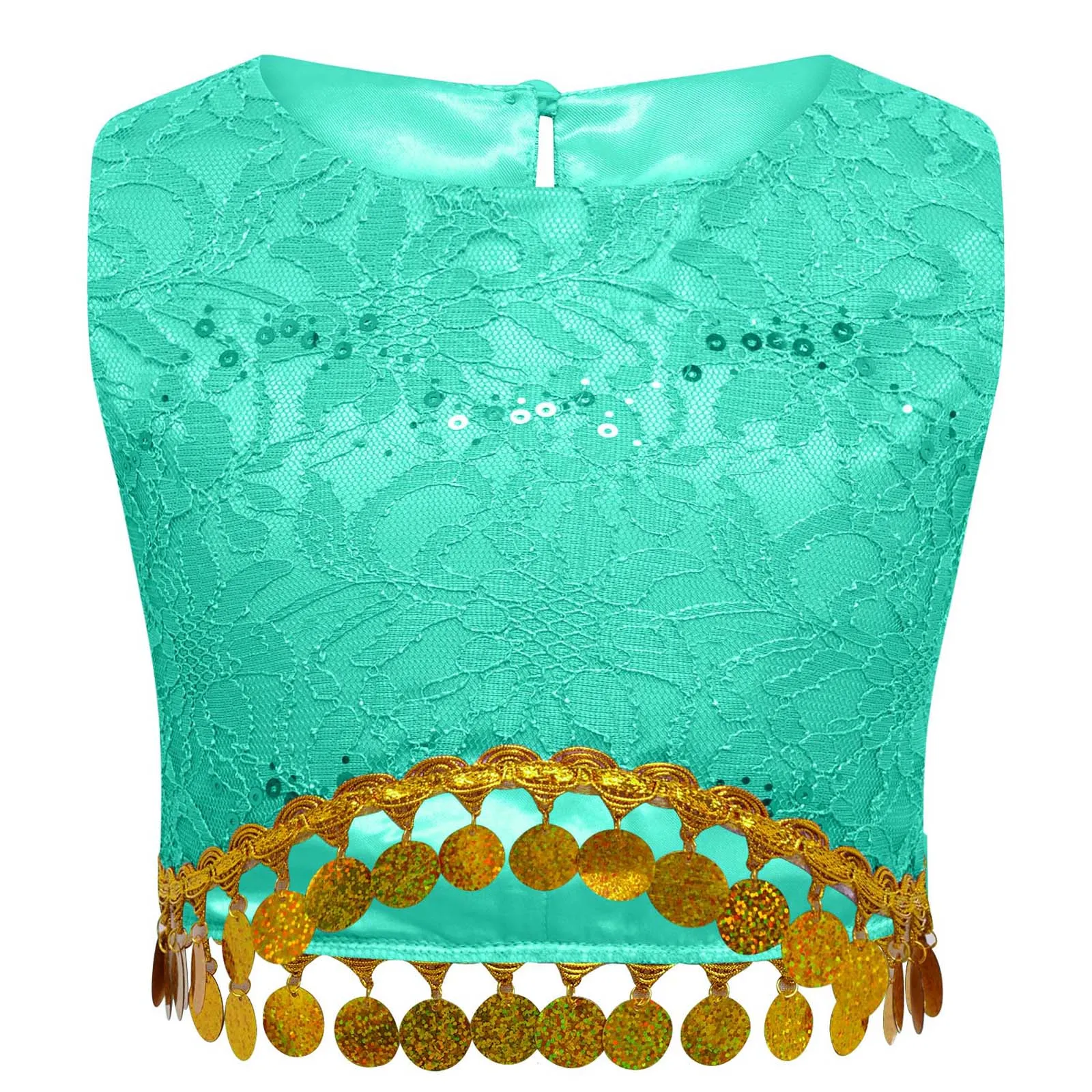 Ropa de danza del vientre para niños, Tops para niñas, Top corto de encaje con borlas y lentejuelas, traje de baile Choli étnico indio, chalecos sin mangas, Ropa de baile