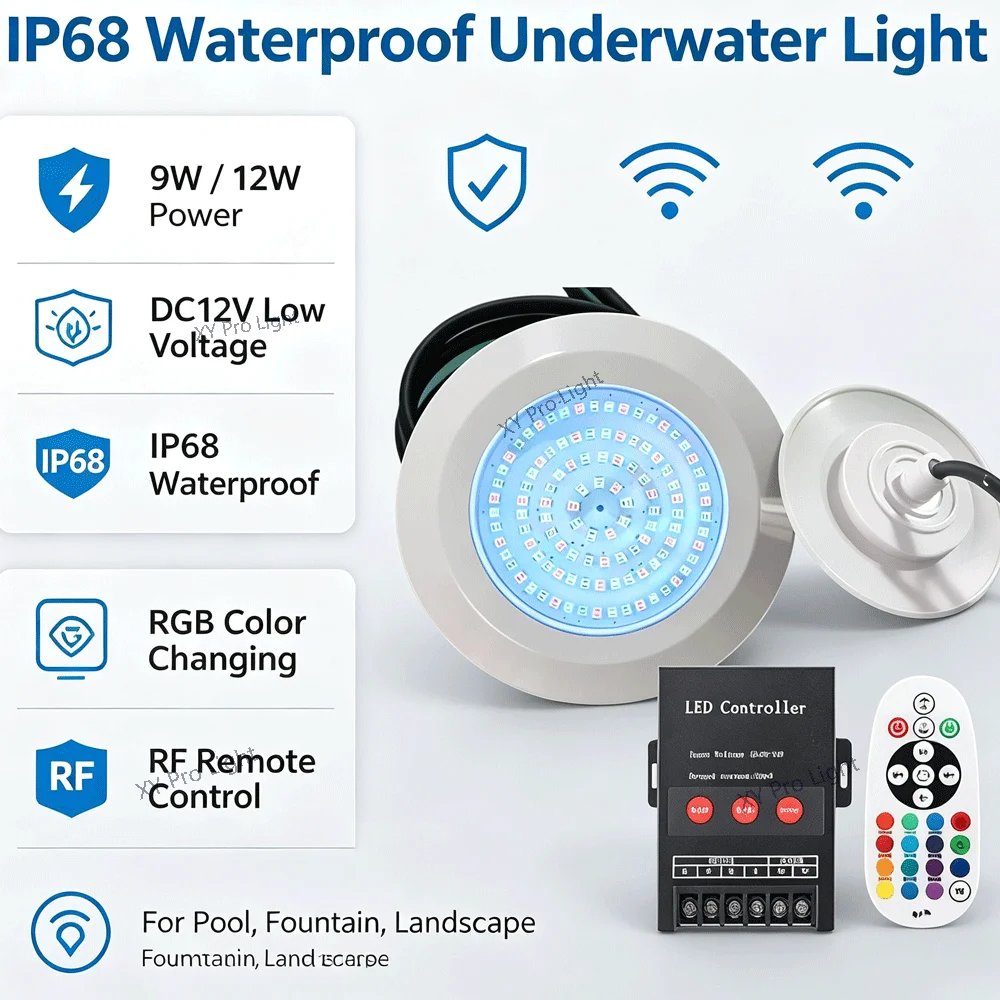 9W 12W RGB LED Pool Light IP68 Waterproof DC12V Outdoor/Indoor Underwater Lights Fountain Landscape Light Piscina Luz Spotlight