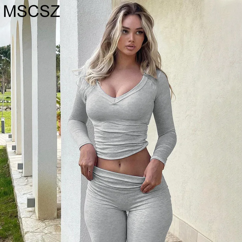 MSCSZ Long Sleeve T-shirt and Pants Set Woman Skinny Sexy Night Club Outfits High Waist Flare Pants Matching Sets