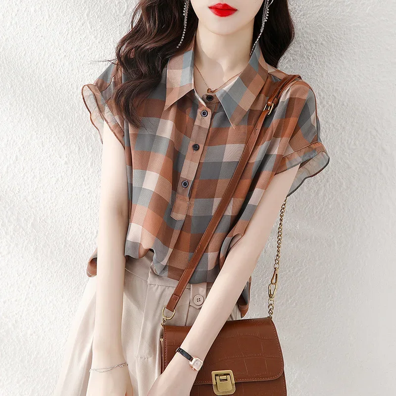 

Summer Plus Size Commute Tops Loose Casual Women Clothing Shirt Fashion Plaid Printed Lapel Button Short Sleeve Chiffon Blouse