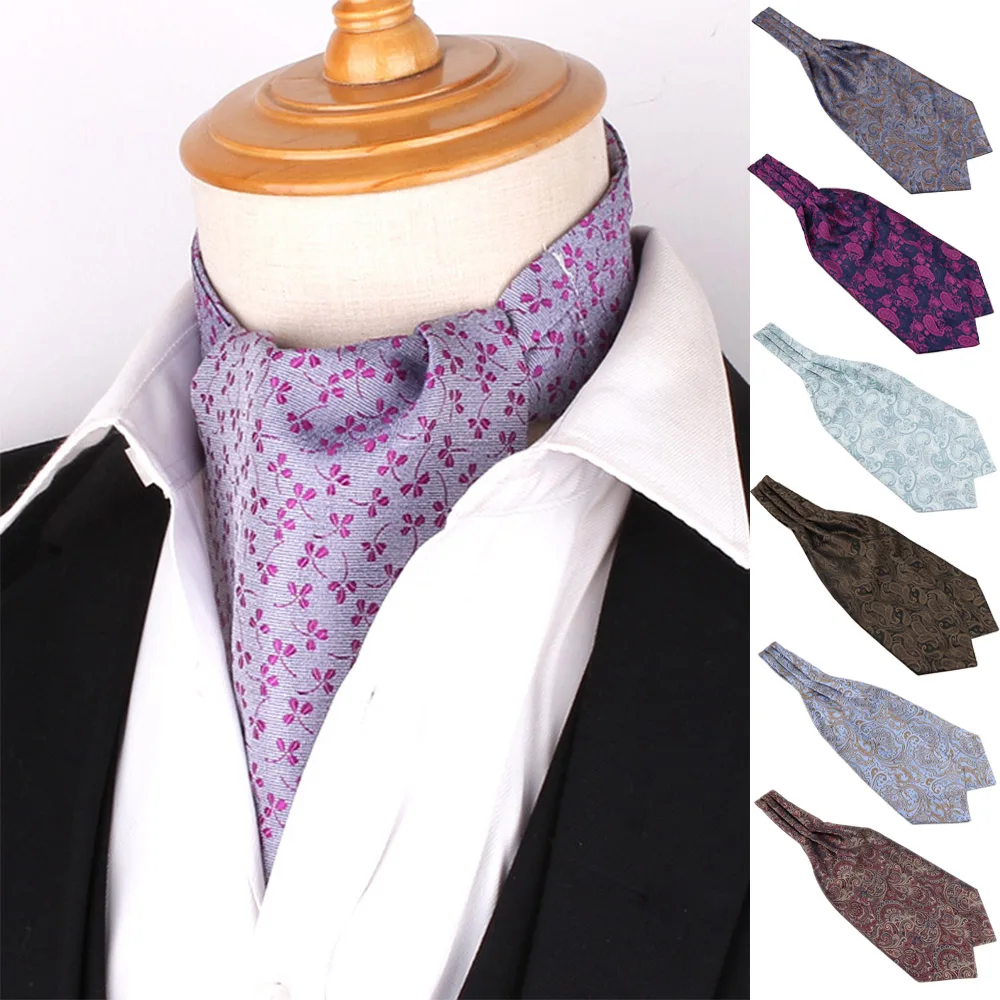 

Мужской галстук Ascot из полиэстера, коричневый, фиолетовый, светло-голубой, жаккардовый галстук с узором пейсли, свадебный галстук, аксессуары, подарок