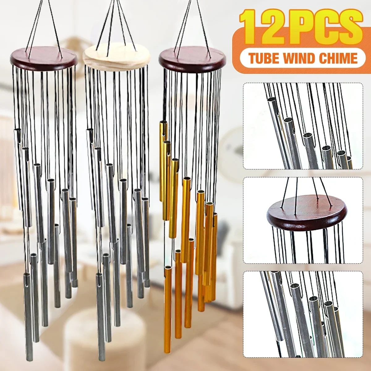 3 Types Wood Metal Bells Outdoor Garden Yard Hanging Charm Windchime Wind Chime Ornament with 12 Pcs Tubes