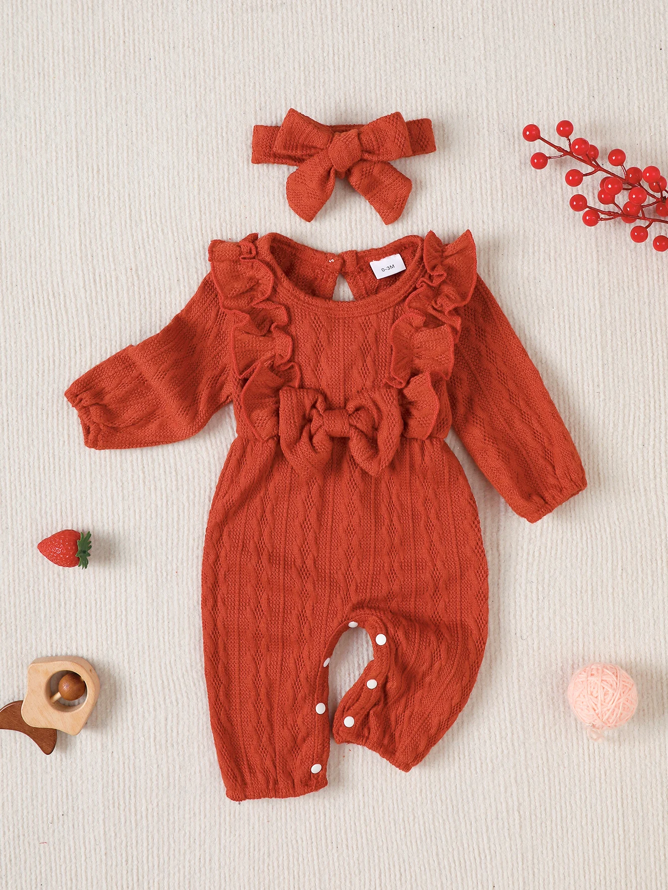Winter 0-1 Years Old Infant Baby Girls Long Sleeved Pit   Strip Fabric Jumpsuit With Hair Band ,Suitable For Daily Wear
