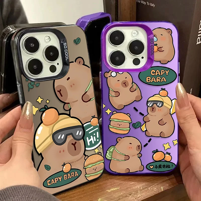 Cartoon Lovely Capybara Case for iPhone 16 15 14 13 12 11 Pro Max XS X XR 8 7 Plus SE 2020 Plating Matte Hard Shockproof Cover