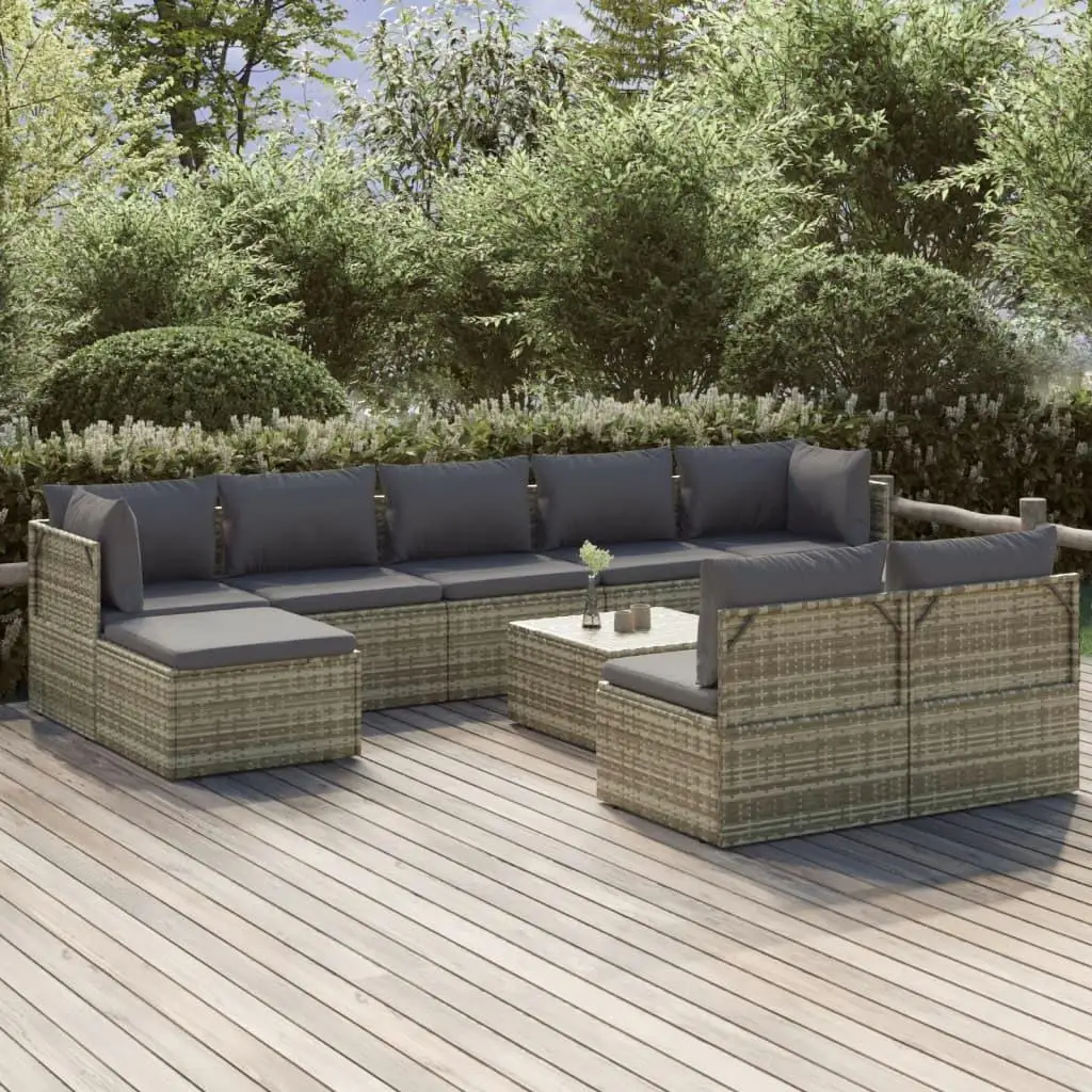 10-Piece Gray Poly Rattan Patio Lounge Set with Cushions - Outdoor Furniture Seating Arrangement