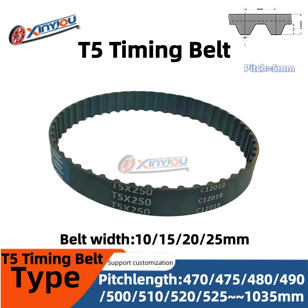 T5 Rubber Timing Belt Tooth Pitch 5mm Belt Width 10/15/20/25mm Pitch Length Options 470/475/480/490/500/510/520/525/530~1035mm