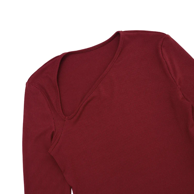 Womdn – ensemble 2 pièces côtelé solide, col en V incliné, T-shirts à manches longues + pantalon crayon taille haute, Slim, costumes Streetwear décontractés